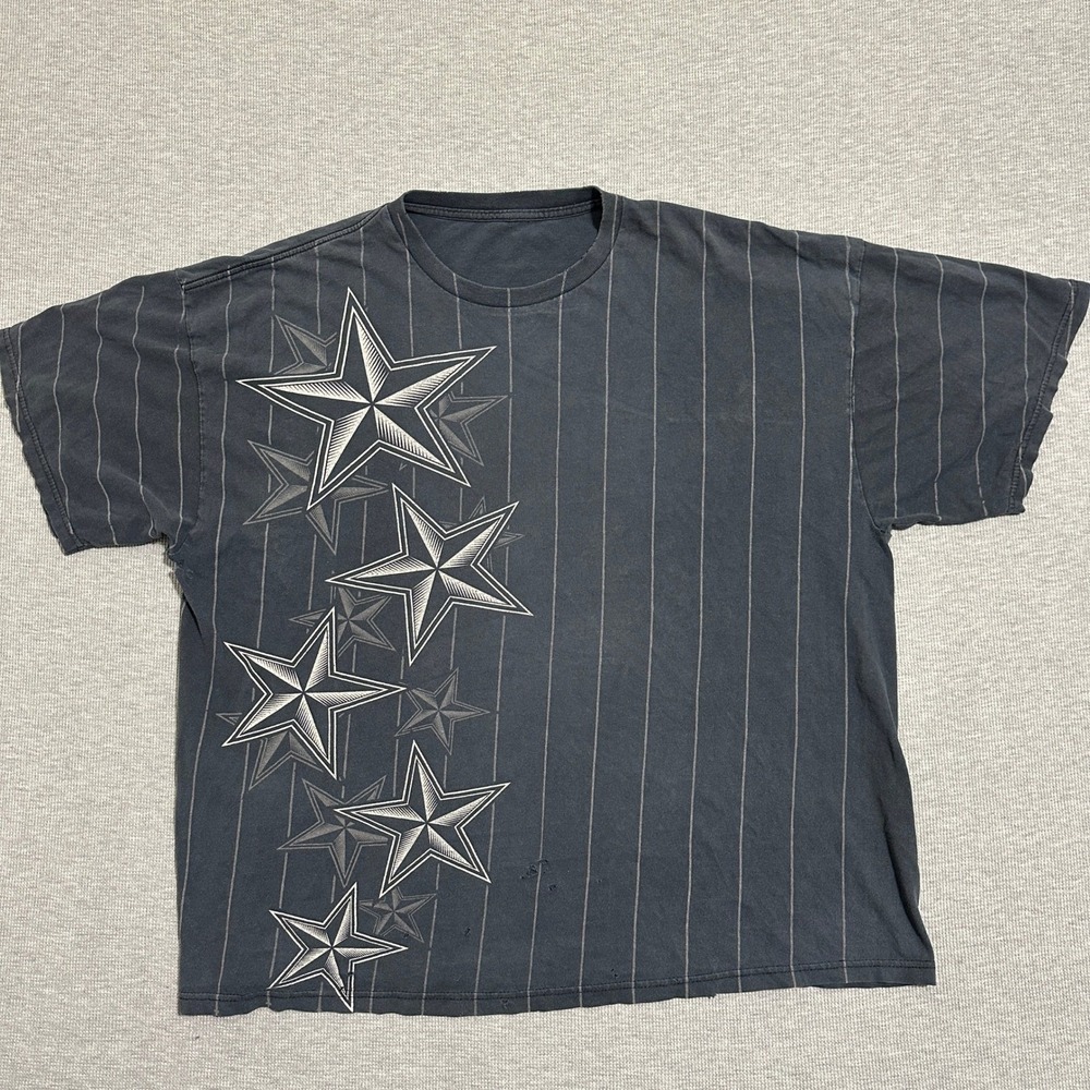 Mens XL Faded Black Nautical Star Pinstripe Graphic Tee‎ Y2K Grunge Streetwear